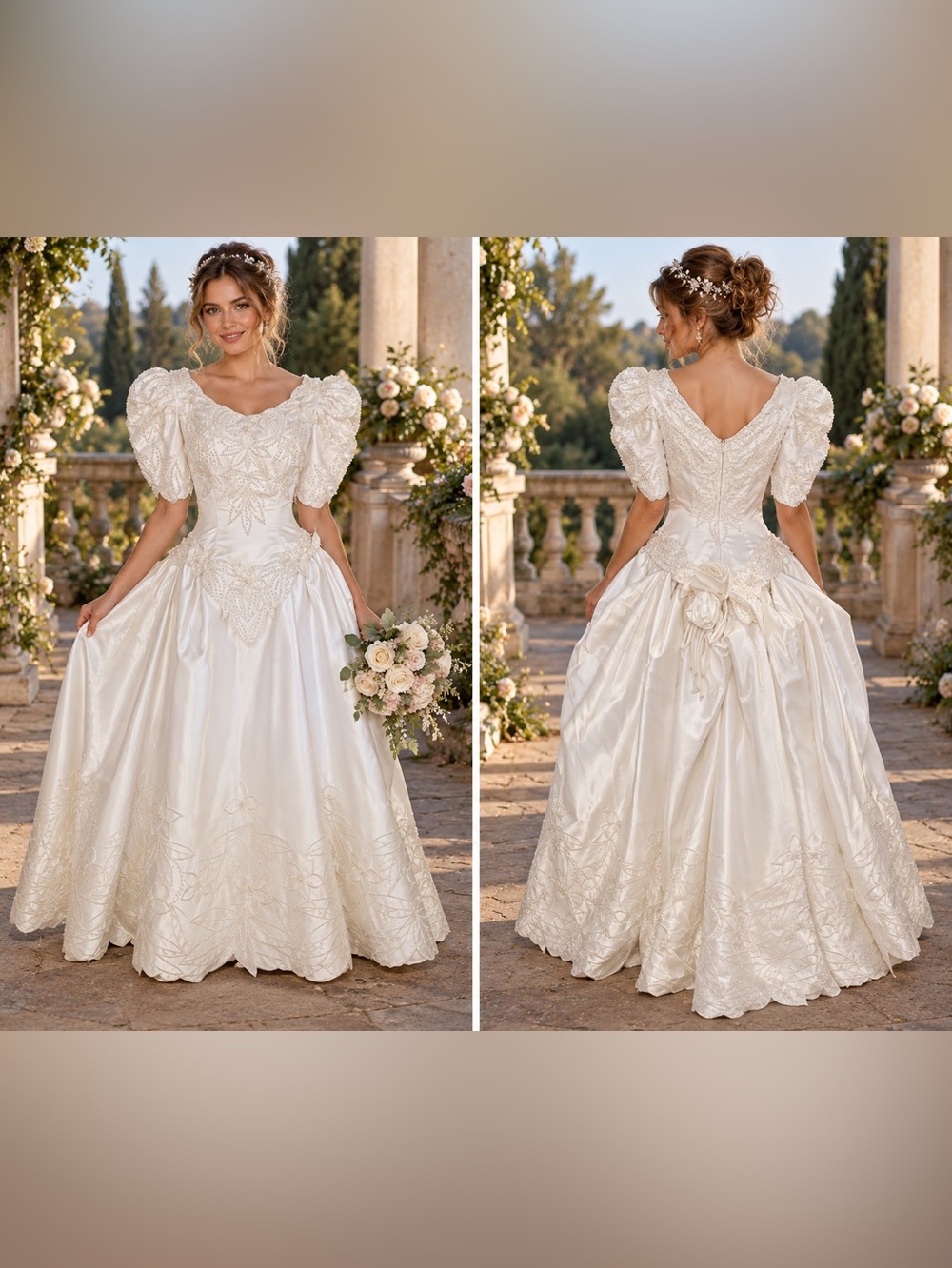 Vintage “F5” Ivory Embroidered Puff-Sleeve Bridal Gown